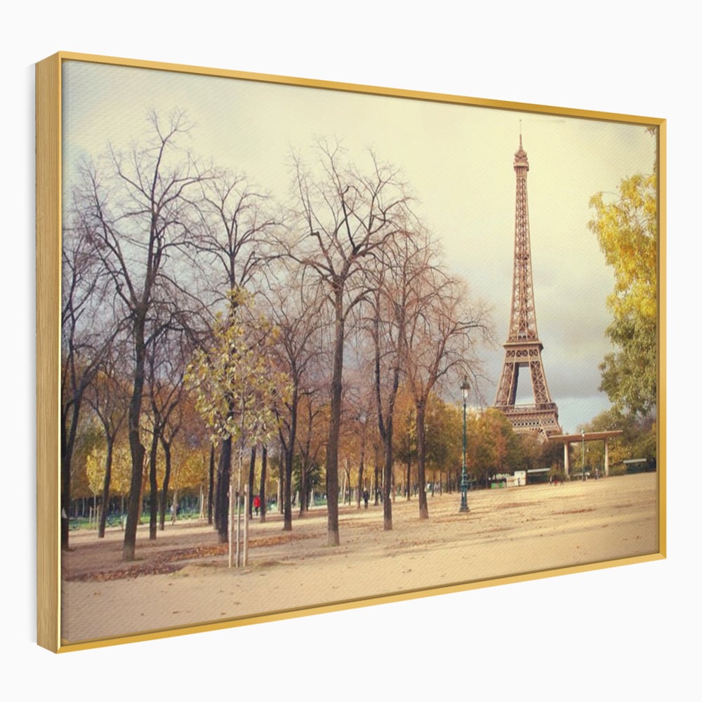Tablou canvas cu tablou canvas cu turnul eiffel toamna, in rama de aluminiu auriu